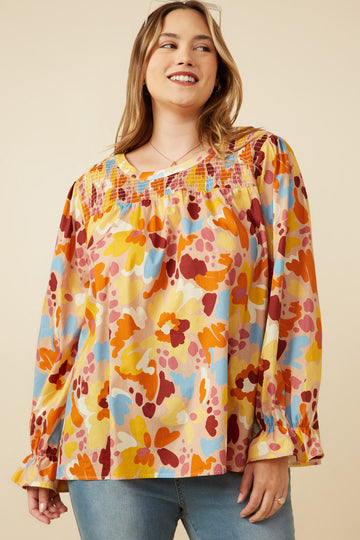 HY7474 Brown Womens Abstract Floral Smocked Yoke Top Front